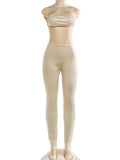 Hottie Polka Dot 2-Piece Set Women Halter Chest Wrapped Backless Top+Ruched Peach Hip Pants Stretch Skinny Clubwear