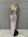 Women Sexy One-Shoulder Crystal Rhinestone Cutout High Slit Sheer Mesh Bodycon Outfit Stage Performance Evening Party Costume