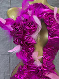Fuchsia High-end Feather Floral Long Dress Women Hollow Cutout Long Gown Evening Prom Carnival Stage Performance Costume