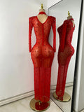 Sparkly Rhinestone Women Sexy Mesh See Through Floor Length Long Sleeve Birthday Dress Party Nightclub Stage Wear