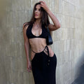 Women 2 Piece Set Sexy Halter Sleeveless Triangle Bra Crop Top Hollow Maxi Skirt Set Slim Knit Summer Beach Vacation Set