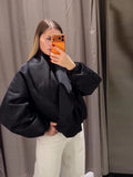 High Street Women's Bomber Jacket Coat Loose Fit Stand Collar Long Sleeve Crop Tops 2026 New Lady Outerwear Casual Daily Outfit