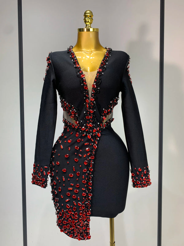 Luxury Birthday Women Celebrity Sexy Long Sleeve V Neck Rhinestone Black Bandage Dress 2025 Elegant Evening Club Party Dresses