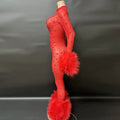 New Sexy See-through Red Fur Stone Club Wear Jumpsuit Long Women's Jumpsuit Rhinestone Mesh Jumpsuit