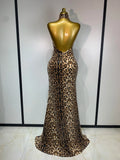 Women Sexy Sleeveless Halter Backless Leopard Sequin Mermaid Maxi Long Dress Bodycon Evening Party Celebrity Elegant Dress