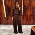 Solid Color Tie Neck Satin Blouse Wide Leg Pants Two Piece Set Long Sleeve Loose Fit 2026 Spring Daily Vacation Women Outfit