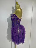 Sexy Purple Mesh See Through Purple Long Sleeves Mini Dress Luxury  Diamonds Birthday Evening Party Bar Nightclub Stage Costume