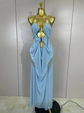 Elegant Luxury Chain Sexy Mesh See Through Halter Low-Neck Backless Sleeveless Long Dress Women Club Party Prom  Holiday Dresses