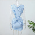 Sexy Blue Hollow-out Pleated Mini Dress Women Deep V-neck Sleeveless Backless Bodycon Vestidos 2026 New Lady Vacation Party Gown
