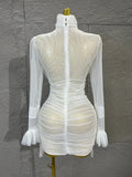 Madam Elegant See-Through Tulle Mesh High Halter Cross Twisted Waist Cut Out RuchedMini Dress Flared Cuff Ruffle Night OutOutfit
