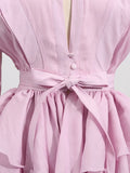 Fashion Women Ruffles Short Dress Elegant O-Neck Lace Up Lantern Long Sleeve Mini Vestido Chic Female 2025 Solid Dresses
