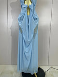 Elegant Luxury Chain Sexy Mesh See Through Halter Low-Neck Backless Sleeveless Long Dress Women Club Party Prom  Holiday Dresses