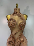 Sparkly Diamond Sequins Sexy Mesh See Through Bodycon Asymmetric Dress Women Nightclub Party Show Gogo Dancer Bar Stage Costume