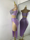 Sparkly Rhinestone Diamonds High Split Two Pieces Women Sexy Outfit Night Club Skirt Suits Dancer Singer Performance Costume