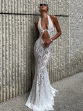 White Lace Hollow Out Halter Long Dress Women Sexy Sleeveless Off Shoulder Slim Maxi Dresses 2026 Lady Holiday Beach Vestidos