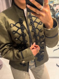 Women Woven Patchwork Napoleon Jacket Shoulder Pad Long Sleeve Hook Closure Street Blazer 2026 Spring Chic Casual Edgy Crop Coat
