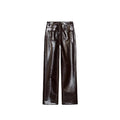 Women's Brown Faux Leather Pants Set Fashion Lapel Single Breasted Cropped Jacket Wide Leg Trouser Lady Autumn Chic Outfits