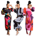 Elegant Women Pleated Half Lantern Sleeve O-neck Slim Maxi Long Dress Print Fashion Autumn 2024 Ruched Dresses Vestidos