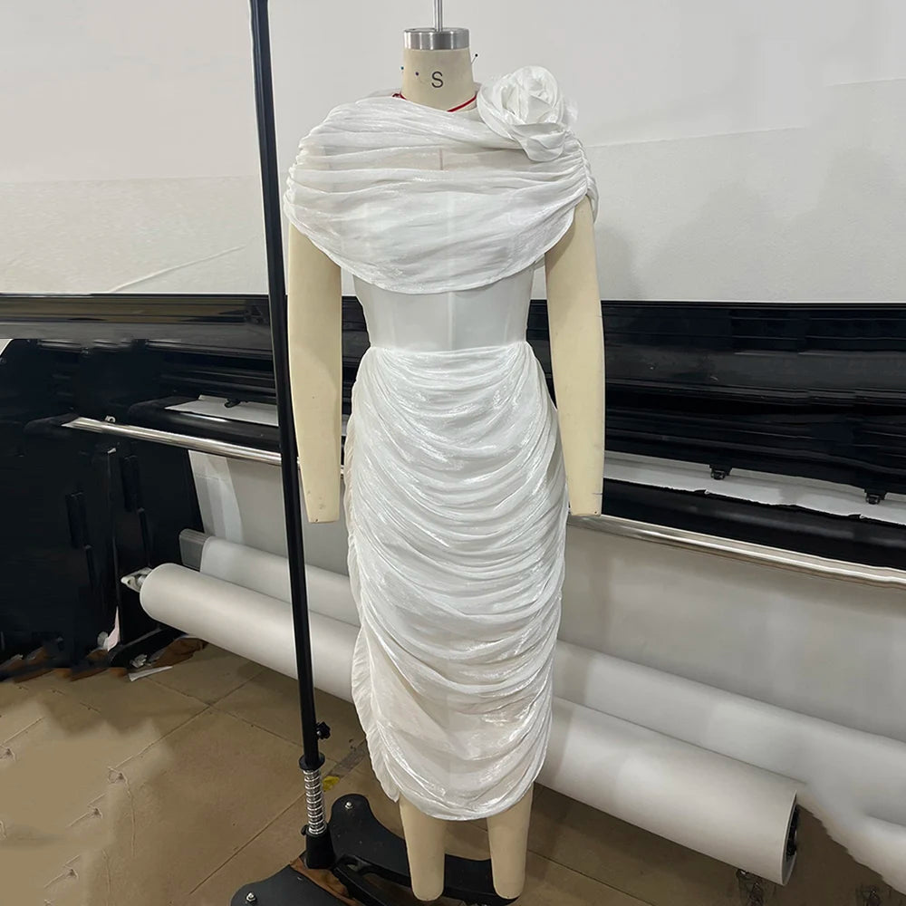 Elegant Spliced Shawl Long Dress for Women Sleeveless High Waist Patchwork Folds Dresses Female New