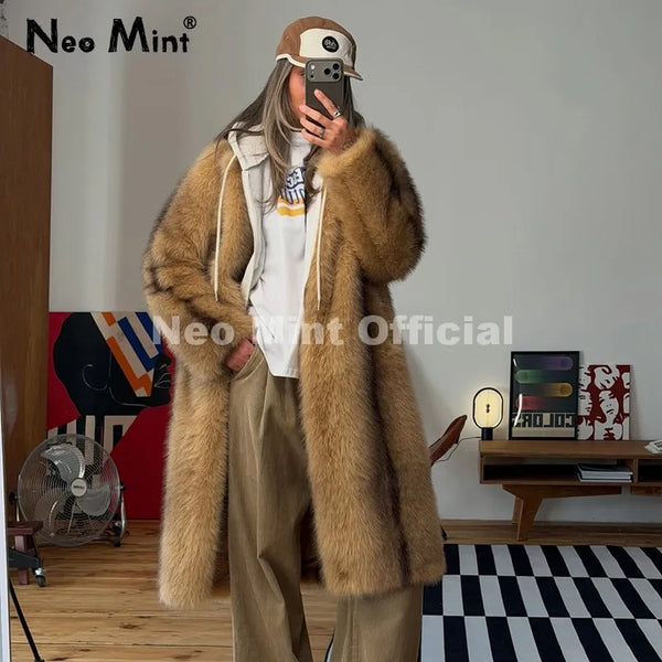 Luxury Runway Fashion Striped Long Faux Fur Coat Women Winter Fluffy Furry Eco Fox Fur Jacket Girls Overcoat Outerwear