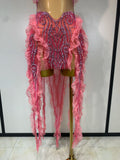 Shining Rhinestone Tassel Mesh See Through Dress Singer Outfit Women Evening Party Brthday Club Stage Performance Outfit