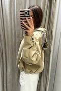Khaki Hooded Cropped Jacket Faux Two‑inner Zip‑up Plaid Fabric Drawstring Bottom Women Coats Spring Autumn Casual Daily Outfits