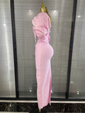Pink Color Women Sexy Off the Shoulder Puff Sleeve Shining Rhinestones Bodycon Long Bandage Dress Evening Party Cocktail Wear