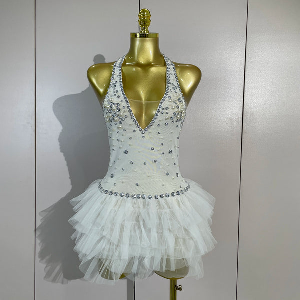 Women Sexy Mesh See Through Evening Birthday Party Dress Nightclub Stage Wear Sparkly Rhinestone Pearls Halter Backless Bodysuit