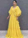 Women Maxi Dresses V Neck Lantern Sleeve 3D Flower Ruffle Hem Big Swing Elegant Vacation Summer