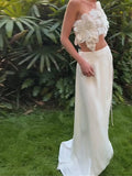 Sequin Flowers 2Piece Set Women Sexy Beach Vacation y2k Chic Skew Collar Tank Tops+Bandage Maxi Split Skirts Clubwear