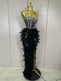Women Sexy Elegant Evening Party Luxury Birthday Photo Shoot Performance Costume Sparkly Rhinestone Feather Mesh Long Dress