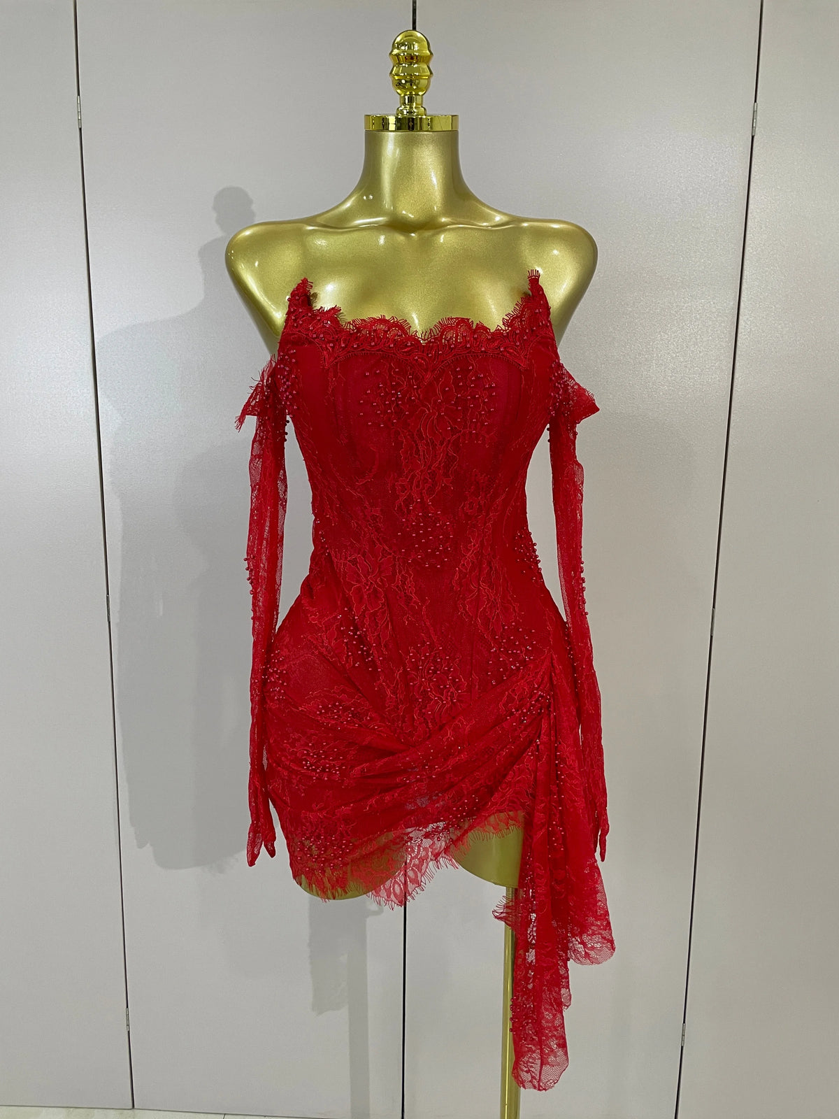 Women Sexy Strapless Backless Red Lace Split Mni Bodycon Dress With Gloves Celebrity Elegant Evening Club Birthday Party Outfit