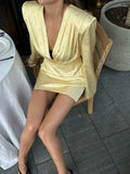 Women's Satin Floral Print Wrap Mini Dress Long Sleeve V Neck Wrinkle Lace Up Slim Short Dress Summer Party Casual Dress