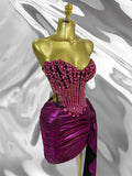 Rose Red Luxury Rhinestone Vest Top Skirt Set Fashion Party Valentine's Day Music Festival Stage Outfit Vestidos Elegantes Mujer
