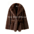 Winter 2026 New Stylish Mocha Brown Belted Wrap Fur Coat Women Street Fashion Girls Fluffy Faux Fox Fur Jacket Overcoat