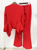 Red V-Neck Irregular High Waisted Blazer Suit Jacket High Waisted Long Pants Set Formal Women'S Two-Piece Set