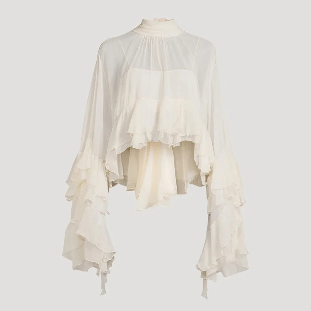 Solid Patchwork Ruffles Loose Blouses for Women I Neck Long Sleeveless Temperament Minimalsit Shirts Female New