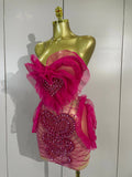 Sexy Strapless Mesh See-Through Mini Dress Women Eveing Party Sparkly Rhinestone Birthday Singer DJ Nightclub Bar Stage Costume