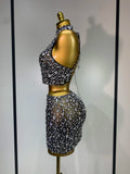 Sparkling Rhinestone Sexy See Through Blackless Top Skirt Two Pieces Set Woman Luxury Birthday Evening Party Gowns