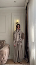 Women 2026 Spring Chinese Style Two Piece Outfit Mandarin Collar Frog Button Oversized Top High Waist Wide Leg Pants Set