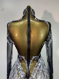 Sparkly Rhinestones Sequins Fringes Birthday Celebrate Evening Dress Women Sexy Mesh Transparent Dance Costume Photo Shoot Wear