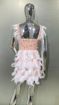2026 Women's Heavy Industry Beaded Feather V-neck Waist-cinched Short Dress Luxury Haute Couture Party Evening Performance Gown