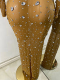 Sparkly Rhinestone Women Sexy Mesh See Through Floor Length Long Sleeve Birthday Dress Party Nightclub Stage Wear