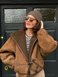 Women's Brown patchwork Hooded Jacket With Faux Fur Lining Fashion Horn Button Bomber Coat Lady Winter Casual Outerwear