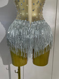 Women Sexy Mesh See Through Performance Leotard Dance Singer Show Stage Wear Luxury Sparkly Rhinestone Flower Tassels Bodysuit