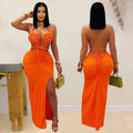New Women's Hemp Rope Maxi Dress Sexy Criss Cross Cut-Out Halter Neck Backless High Slit Party Dresses Birthday Outfits