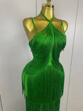 Elegant Sexy Backless Green Tassel Bodycon Long Bandage Dress Women Celebrity Evening Club Luxury Birthday Party Stage Outfit