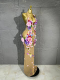 3D Floral Rhinestone Halter Maxi Bodysuit Dress Women Deep V Mesh See-Through Long Gown Carnival Rave Festival Performance Costume