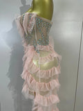 Sexy Strapless Mesh Ruffled Pink Long Dress Sparkly Diamond Birthday Evening Party PhotoShoot SeeThrough Nightclub Stage Costume