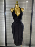 Brown Black Women Sexy Halter V-Neck Bodycon Midi Bandage Dress Bar Singer TV Show Performance Costumes Birthday Clothing